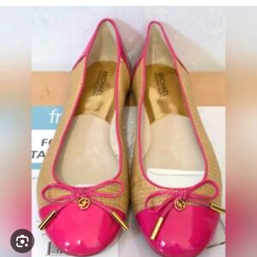 Michael Kors Jordana Pink & Straw Ballet Flats Patent MK Logo Sz 7M